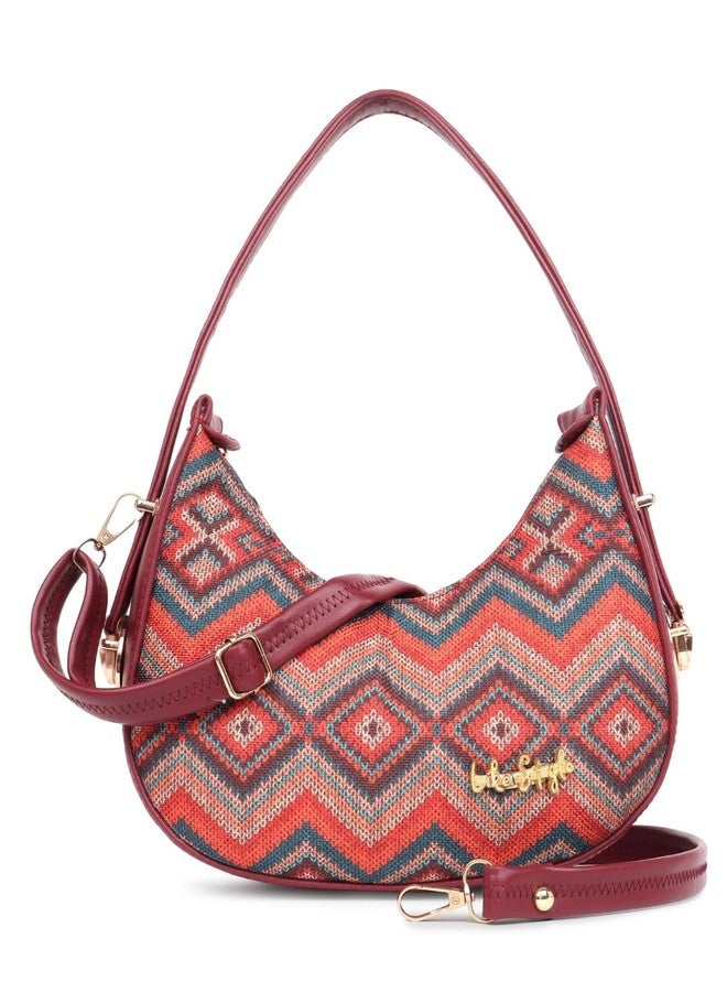 LIKE STYLE Women's Ethnic Print Sling Bag | Canvas & PU Leather Crossbody with Adjustable Strap | Trendy, Spacious & Lightweight Shoulder Handbag for Daily Use (Maroon) - Image 1